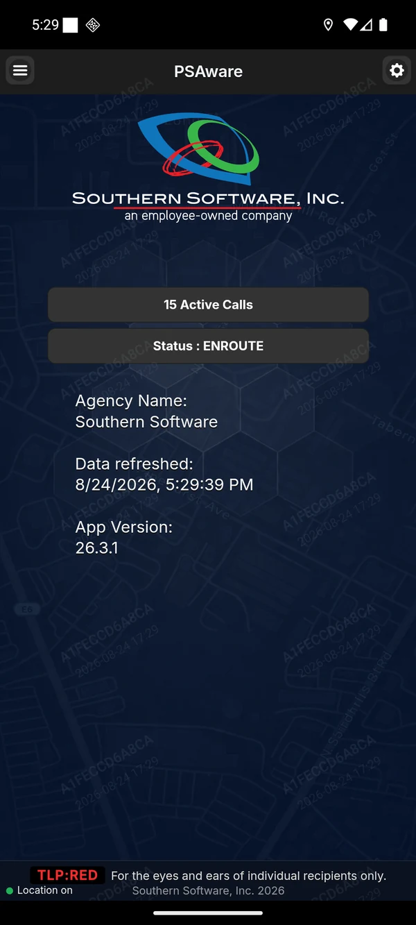 The PSAware home screen, showing active call count, current unit
              status, agency name, last data refresh time and app version.